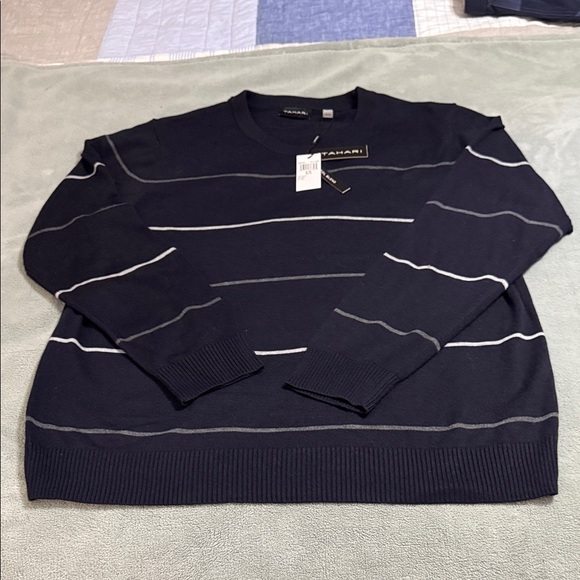 Tahari Men's Navy Crewneck Sweater with Gray Stripes - Picture 1 of 5
